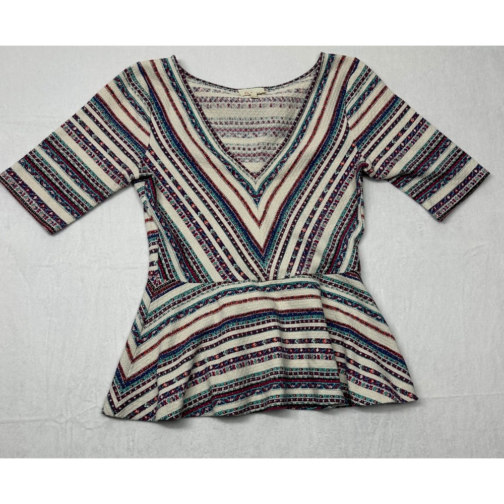 MDeletta Anthropologie Striped Peplum Top‎ Bohemian V Neck Size  Med.